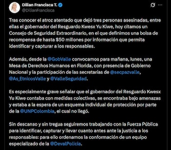 Dilian Francisca Toro convocó un Consejo de Seguridad Extraordinario y ordenó un equipo especializado de la Policía Nacional para apoyar la investigación - crédito @DilianFrancisca / X
