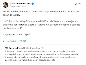 María Fernanda Cabal, senadora, pidió a Gustavo Petro que no juegue más con el país - crédito @MariaFdaCabal/X