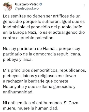 El presidente Gustavo Petro respondió al primer ministro israelí, Bnejamin Netanyahu - crédito @petrogustavo/X