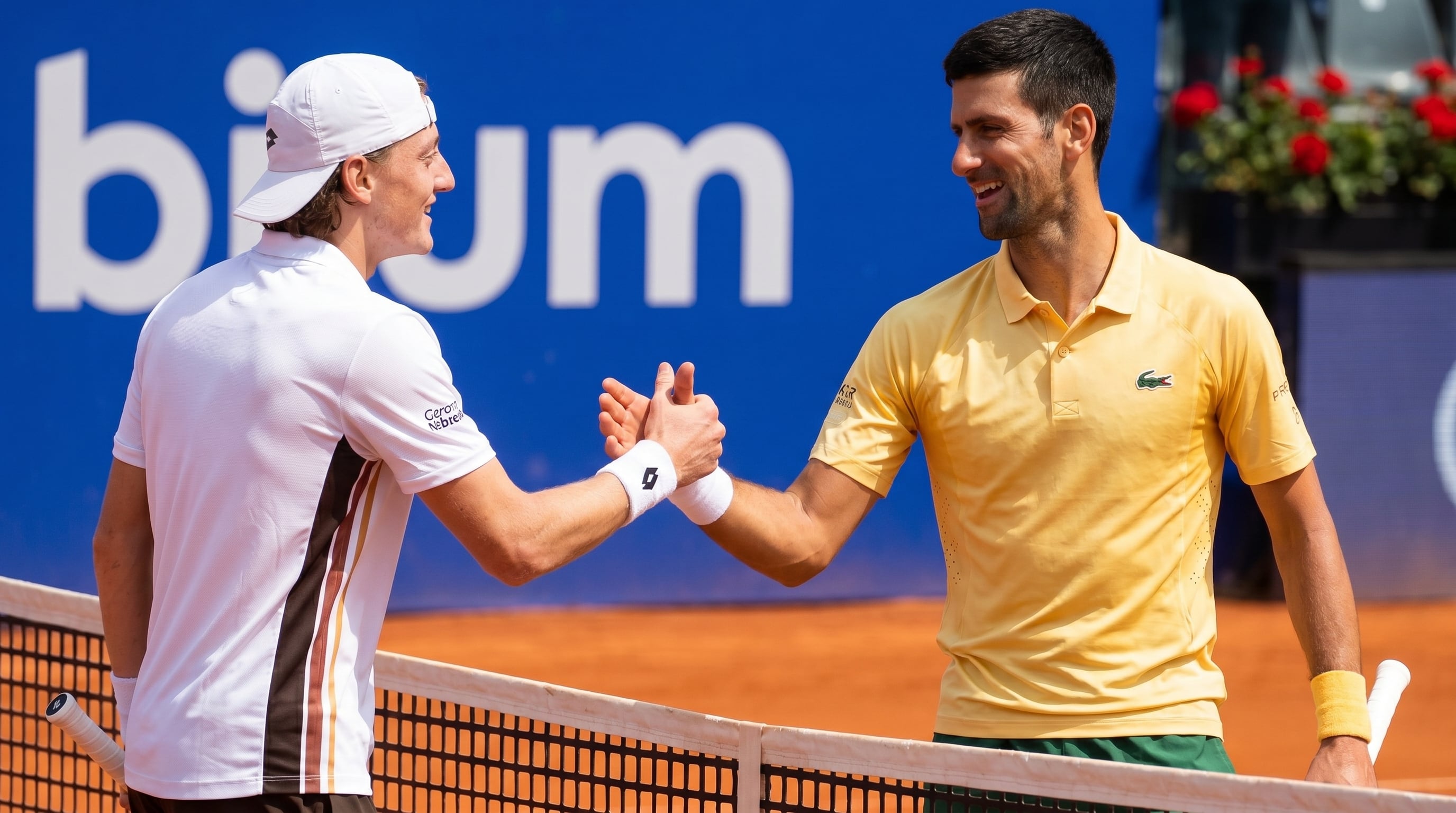 Novak Djokovic e Ignacio Buse se dan la mano sonriendo sobre la red en una cancha de tenis de tierra batida, mostrando respeto y deportividad tras su encuentro. (Imagen Ilustrativa Infobae)