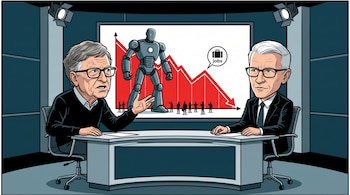 Ilustración de Bill Gates y Anderson Cooper en un estudio de televisión ante una pantalla con un robot y una gráfica roja descendente.