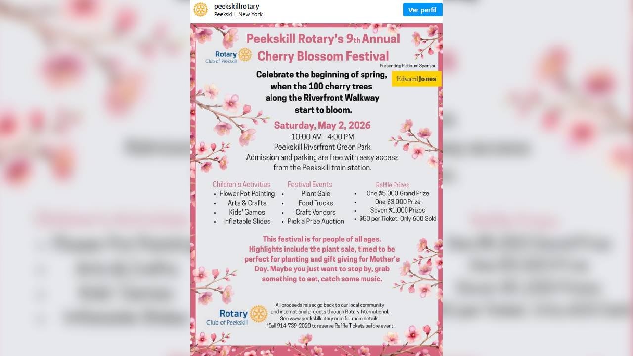 El Club Rotario de Peekskill celebra su 9º Festival Anual de los Cerezos en Flor, invitando a la comunidad a disfrutar de la primavera y la floración de 100 cerezos el 2 de mayo de 2026. (Instagram)