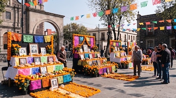 Varias ofrendas de papel picado, cempasúchil y retratos en una plaza de piedra rodeada de personas, edificios antiguos y un arco.