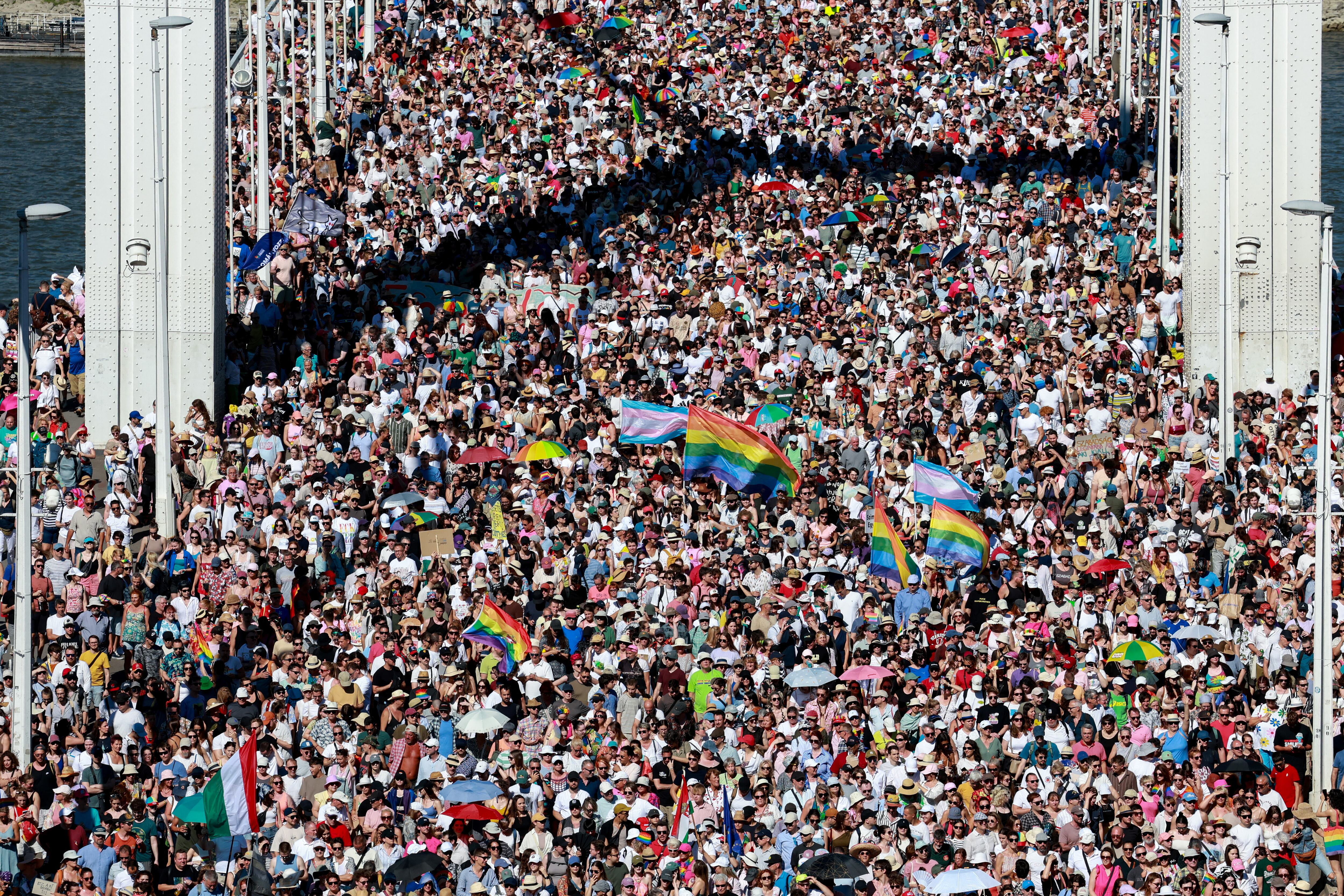 Miles de personas cruzaron el puente Elisabeth durante la Marcha del Orgullo de Budapest este 28 de junio de 2025 (REUTERS/Bernadett Szabo)