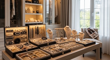 Cajas organizadoras llenas de collares, pulseras, aretes, broches y ligas para el cabello sobre una mesa. Un vestidor y una ventana al fondo.