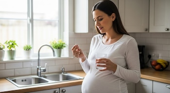 Una mujer embarazada, con blusa blanca, sostiene una píldora en una mano y un vaso de agua en la otra, de pie en una cocina luminosa.