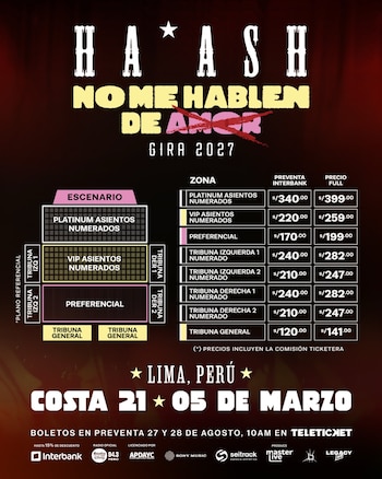 Cartel publicitario con un esquema de ubicaciones frente al escenario, una tabla de precios de entradas y el anuncio del concierto de Ha*Ash