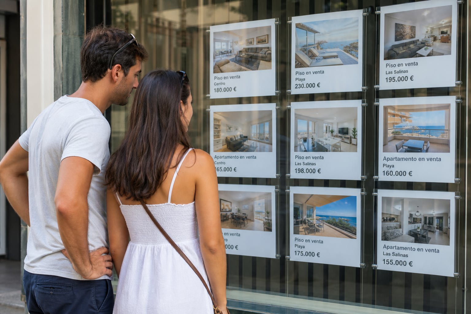 Una pareja observa los precios y características de varios pisos en venta expuestos en la fachada de una agencia inmobiliaria. (Imagen Ilustrativa Infobae)
