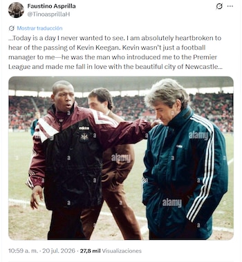 Post de Faustino Asprilla lamentando la muerte de Kevin Keegal - crédito X
