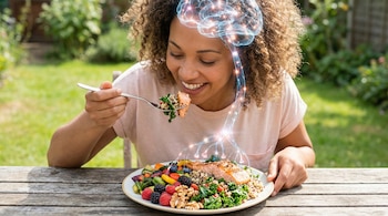 Mujer con cabello rizado come una ensalada de salmón, quinua, bayas y vegetales en mesa de madera al aire libre. Un cerebro brillante ilustrado se conecta con la comida.