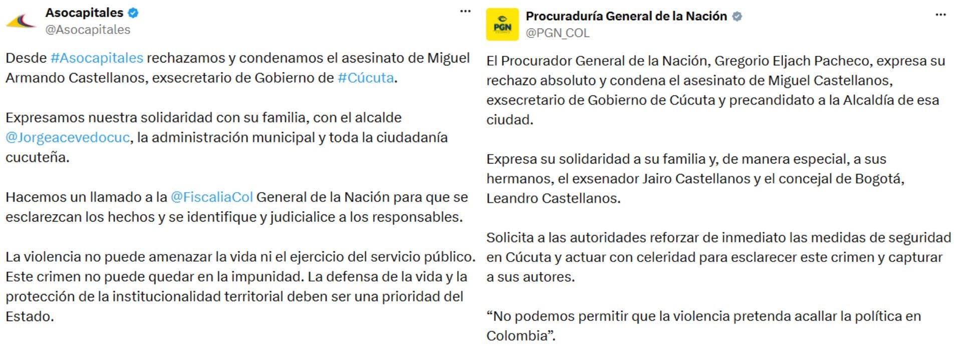 Asocapitales y Procuraduría se pronunciaron sobre el asesinato y solicitaron acciones para esclarecer los hechos y capturar a los responsables. - crédito X