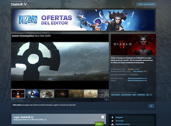 Interfaz digital de una tienda de videojuegos con la ficha del juego Diablo IV, capturas de pantalla, datos de la empresa y opciones de compra