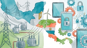 Ilustración en acuarela con torres de alta tensión a la izquierda, el mapa de Centroamérica al centro y tabletas con candados a la derecha.