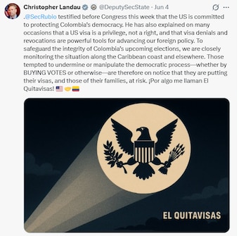 Mensaje del subsecretario de Estado de Estados Unidos, Christopher Landau - crédito @DeputySecState/X