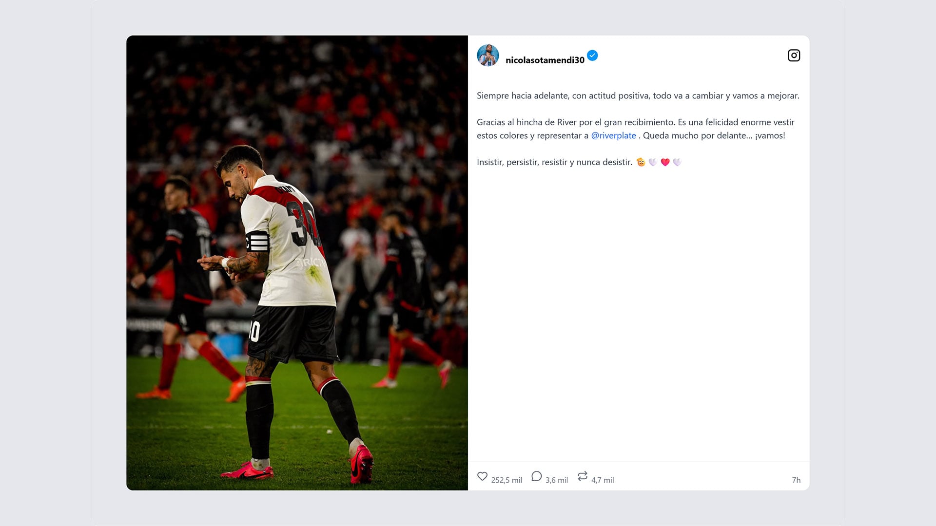 El futbolista Nicolás Otamendi compartió en redes sociales un mensaje de agradecimiento a la hinchada de River Plate, acompañado de una foto suya en la cancha con la camiseta del club.