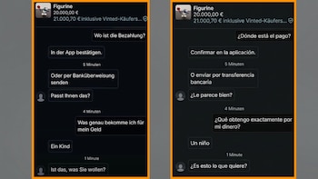 Conversación en un anuncio sospechoso de tráfico de menores en Vinted traducido al español (@erdbeermilcher)