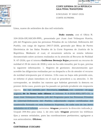 Documento oficial de la Sala Penal Transitoria de la Corte Suprema con texto impreso, sello digital y un párrafo resaltado en color azul
