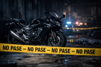 Motocicleta negra estacionada frente a una cinta amarilla con el texto NO PASE, con luces borrosas, un objeto y un marcador con el número 3 en el suelo.