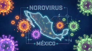 Imagen conceptual del Norovirus en México, con una silueta brillante del país y múltiples partículas de virus de colores naranja, verde y morado flotando.