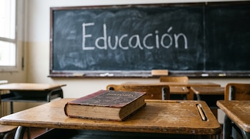 Pupitre de madera con un libro de historia y un lápiz, frente a una pizarra escolar con la palabra Educación escrita en tiza blanca.
