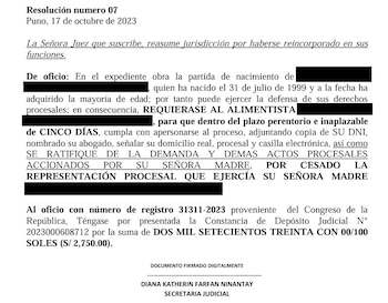 Resolución de octubre de 2023 que da cuenta que, al menos hasta octubre de ese año, el Congreso le retenía más de 2.500 soles a Flavio Cruz.