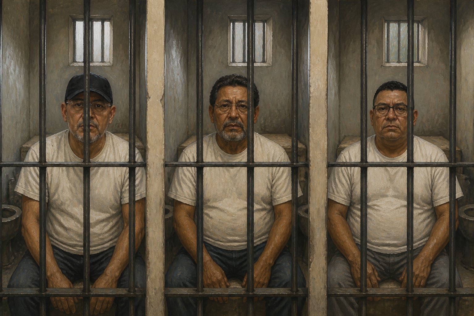 Tres hombres con camisetas blancas permanecen recluidos en celdas individuales dentro de una prisión en Nicaragua. (Imagen Ilustrativa Infobae)