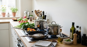 Una cocina moderna muestra ollas, sartenes con pescado y verduras, botellas de aceite de oliva, un bol de aceitunas y utensilios de cocina.