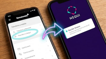 Dos smartphones en una mesa de madera. El de la izquierda muestra la app de Bancolombia con la opción 'Transferir a Nequi' y el de la derecha la app Nequi.