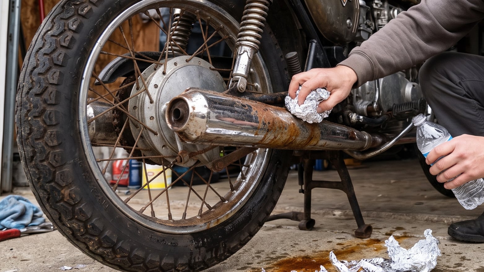 Un trozo de papel de aluminio y un poco de agua pueden devolver el brillo a una moto oxidada (VisualesIA Scribnews)