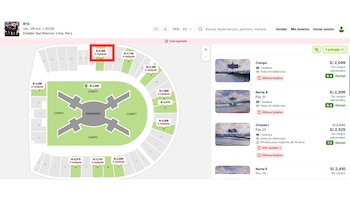Captura de pantalla de un mapa de asientos y precios en soles peruanos para un concierto en el Estadio San Marcos de Lima