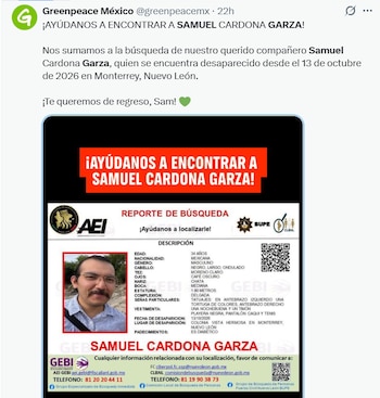 Captura de pantalla de una publicación de redes sociales con una ficha de búsqueda que incluye la fotografía de Samuel Cardona Garza