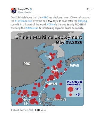 Mapa de Asia Oriental muestra China, Taiwán, Filipinas y Japón, con puntos rojos indicando el despliegue de buques chinos en los mares circundantes