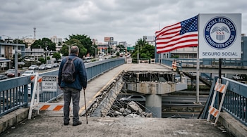 Un hombre con bastón frente a un puente roto, junto a un cartel del Seguro Social y una bandera de Estados Unidos.