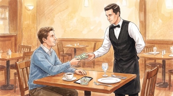 Ilustración de un hombre sentado en una mesa que entrega dinero en efectivo a un camarero de pie en un restaurante.