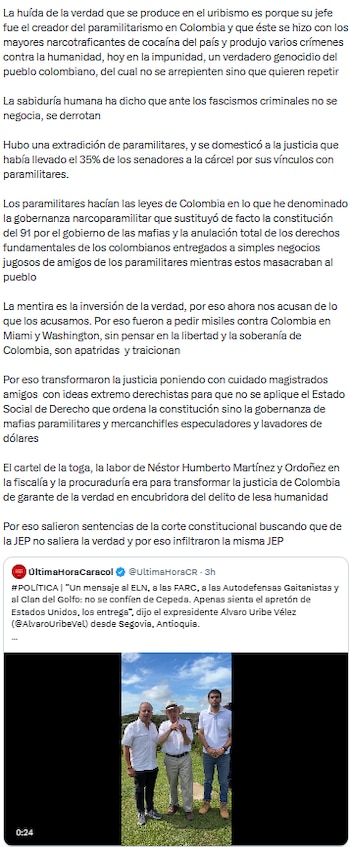 Gustavo Petro y Álvaro Uribe Vélez reavivan la discusión sobre extradiciones, paramilitarismo y memoria histórica - crédito @petrogustavo/X