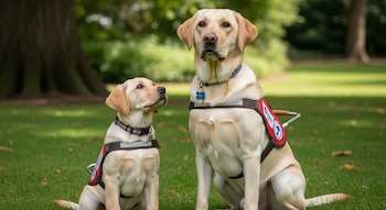 Un cachorro de labrador crema y un perro guía labrador adulto, ambos con chalecos de entrenamiento rojos, sentados en un césped verde con árboles.