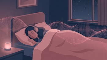 Ilustración de una mujer acostada en la cama usando auriculares, rodeada por ondas de partículas rosadas junto a una ventana nocturna.