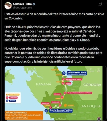 El presidente Gustavo Petro compartió un nuevo mapa con el trazado del tren interoceánico y pidió priorizar los estudios del proyecto a la ANI - rédito Gustavo Petro/X