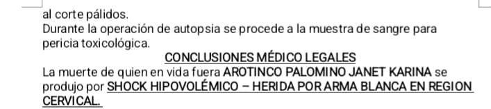 La conclusión de la autopsia de Janet Arotinco Palomino