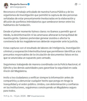 Gobernadora de Magdalena reconoció el trabajo de la Fuerza Pública para la captura de estas dos personas - crédito @mmarguiguerra/X