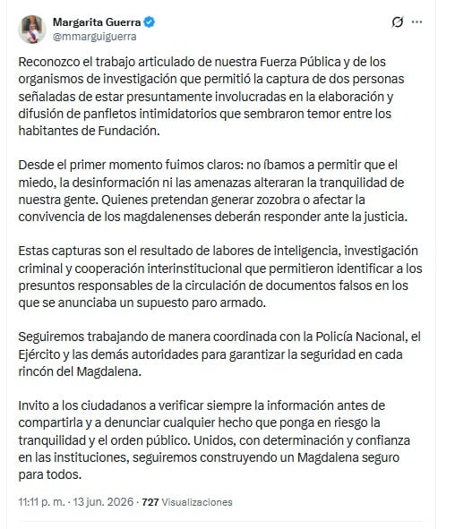Gobernadora de Magdalena reconoció el trabajo de la Fuerza Pública para la captura de estas dos personas - crédito @mmarguiguerra/X