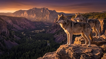Dos lobos grises sobre un peñasco observan un cañón con bosques y montañas de fondo bajo la luz del atardecer.