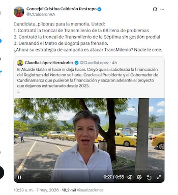 La concejala Cristina Calderón Restrepo hizo señalamientos contra la candidata presidencial Claudia López con respecto a su gestión como alcaldesa de Bogotá - crédito @CCalderonRA/X