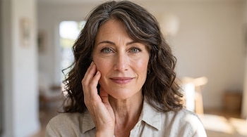 Mujer de mediana edad con cabello castaño y canas, ojos verde-azules, viste camisa de lino claro y toca su mejilla con la mano. Fondo desenfocado.