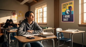 Estudiante de secundaria en pupitre, sudadera gris, mirando cartel "Límite de uso de pantallas: 1 hora diaria" en aula californiana soleada. Otros estudiantes al fondo.