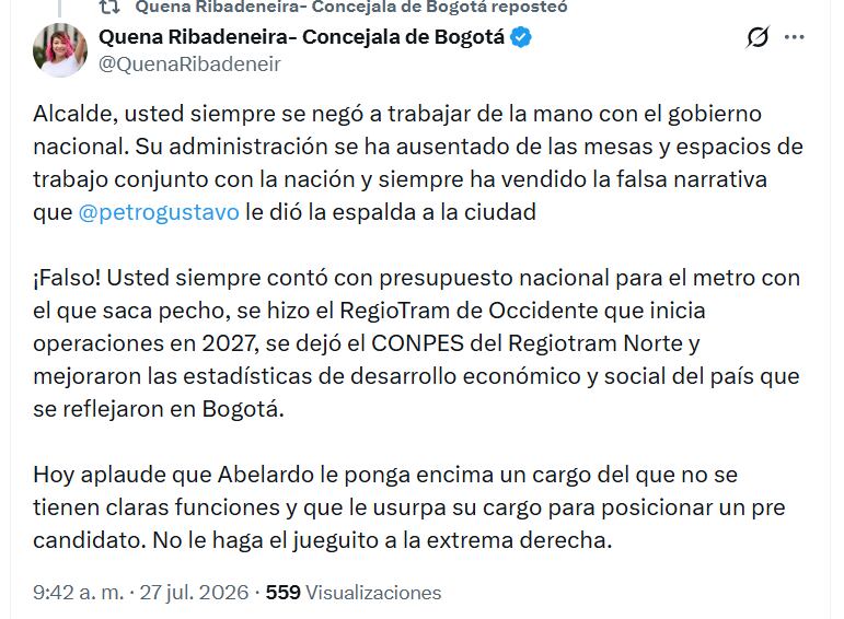 Quenna Ribaldeneira expresó su rechazo a la figura del gerente, advirtiendo sobre posibles conflictos de interés y afectaciones a la autonomía de la ciudad - crédito Quenna Ribaldeneira/X