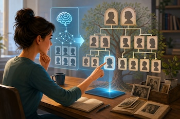Mujer sentada ante un escritorio toca la pantalla interactiva de un árbol genealógico proyectado por una tableta junto a fotos antiguas.