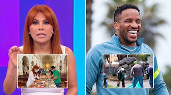 Magaly Medina habla en un estudio de televisión; se superponen imágenes de ella en una iglesia con ayuda social y Jefferson Farfán riendo, con hombres limpiando.