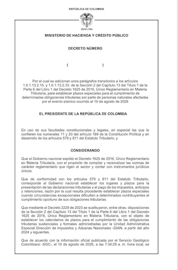 Los nuevos plazos aplicarán en las zonas afectadas por el sismo (Valle del Cauca, Risaralda, Quindío, Caldas, Chocó y Cauca) - crédito Ministerio de Hacienda