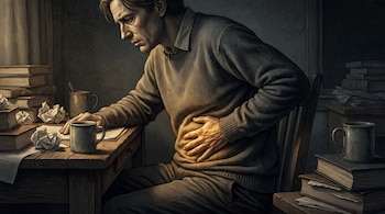 Ilustración de un hombre de perfil sentado en un escritorio con libros y papeles, apoyando una mano en el abdomen.
